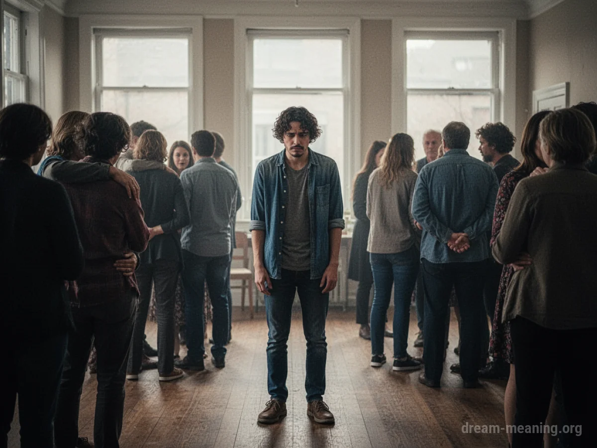 A lone figure in a shadowy, crowded room.