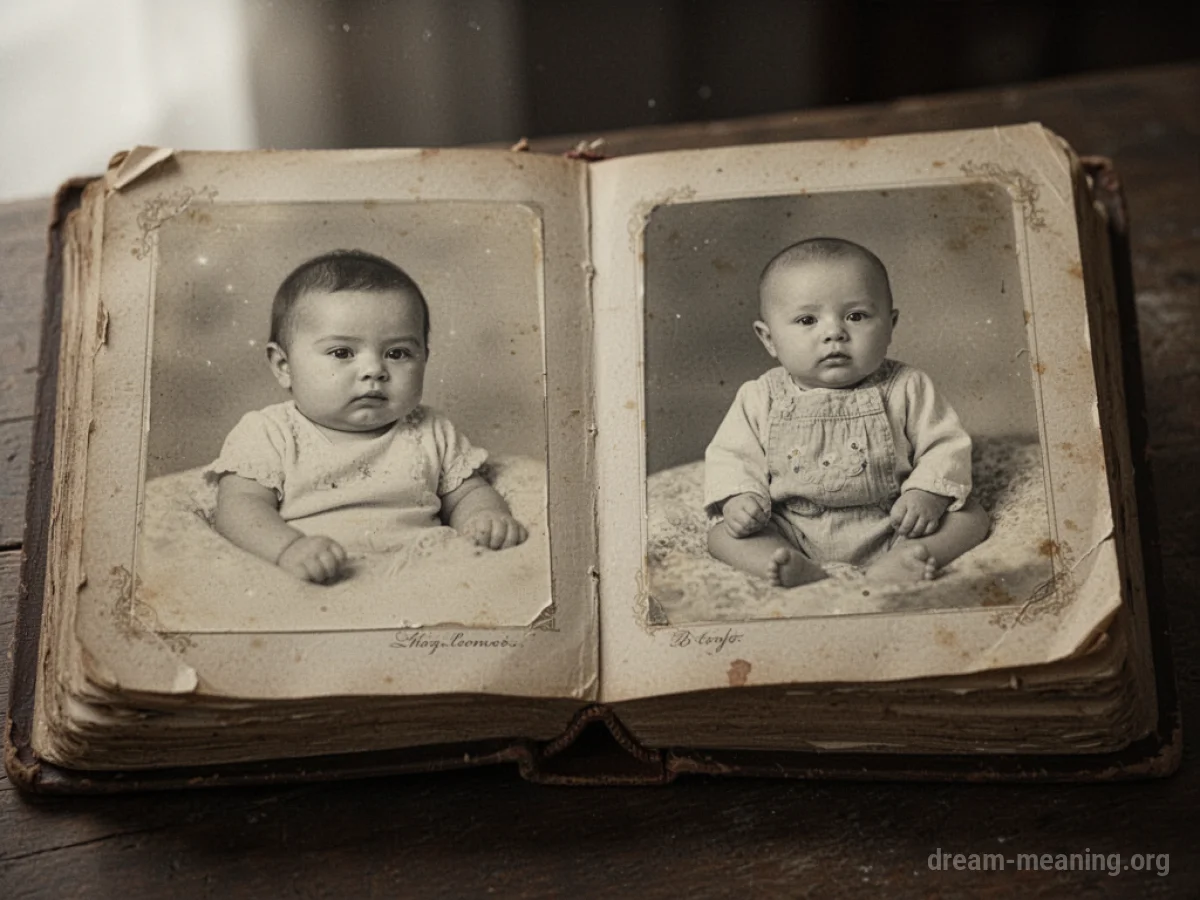 An open photo album displaying several old baby pictures.