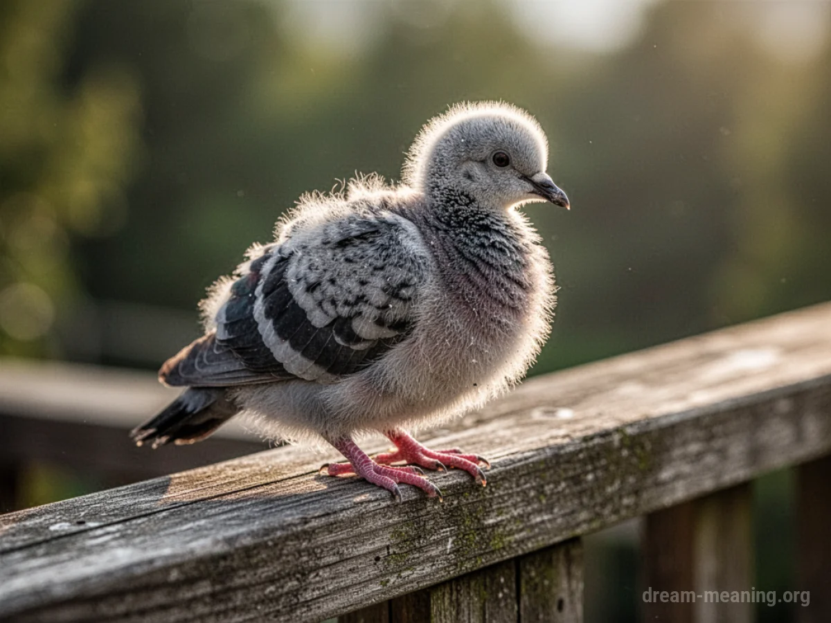 A small, downy baby pigeon sitting on a wooden surface.