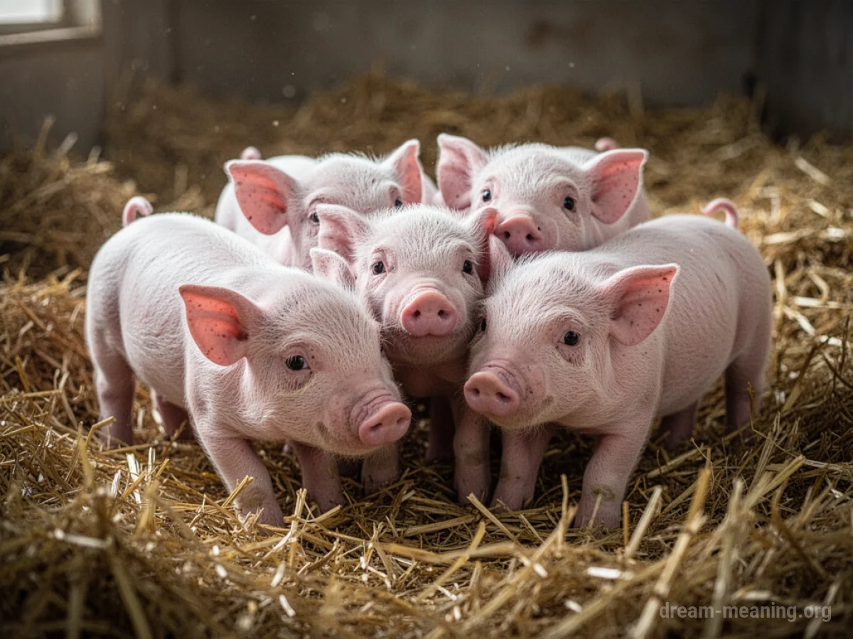 A small group of baby pigs lying close together in a bed of straw.