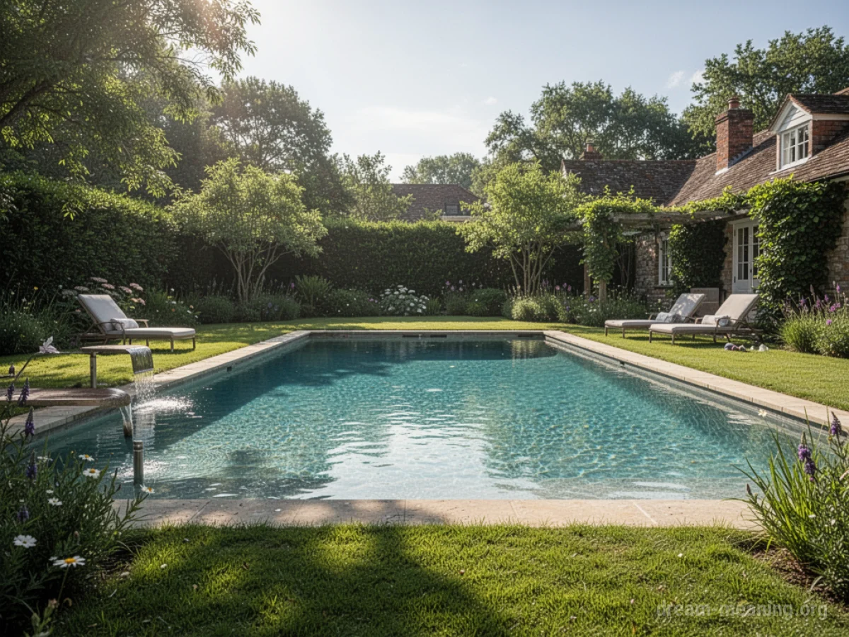 A clear blue swimming pool in a green backyard.