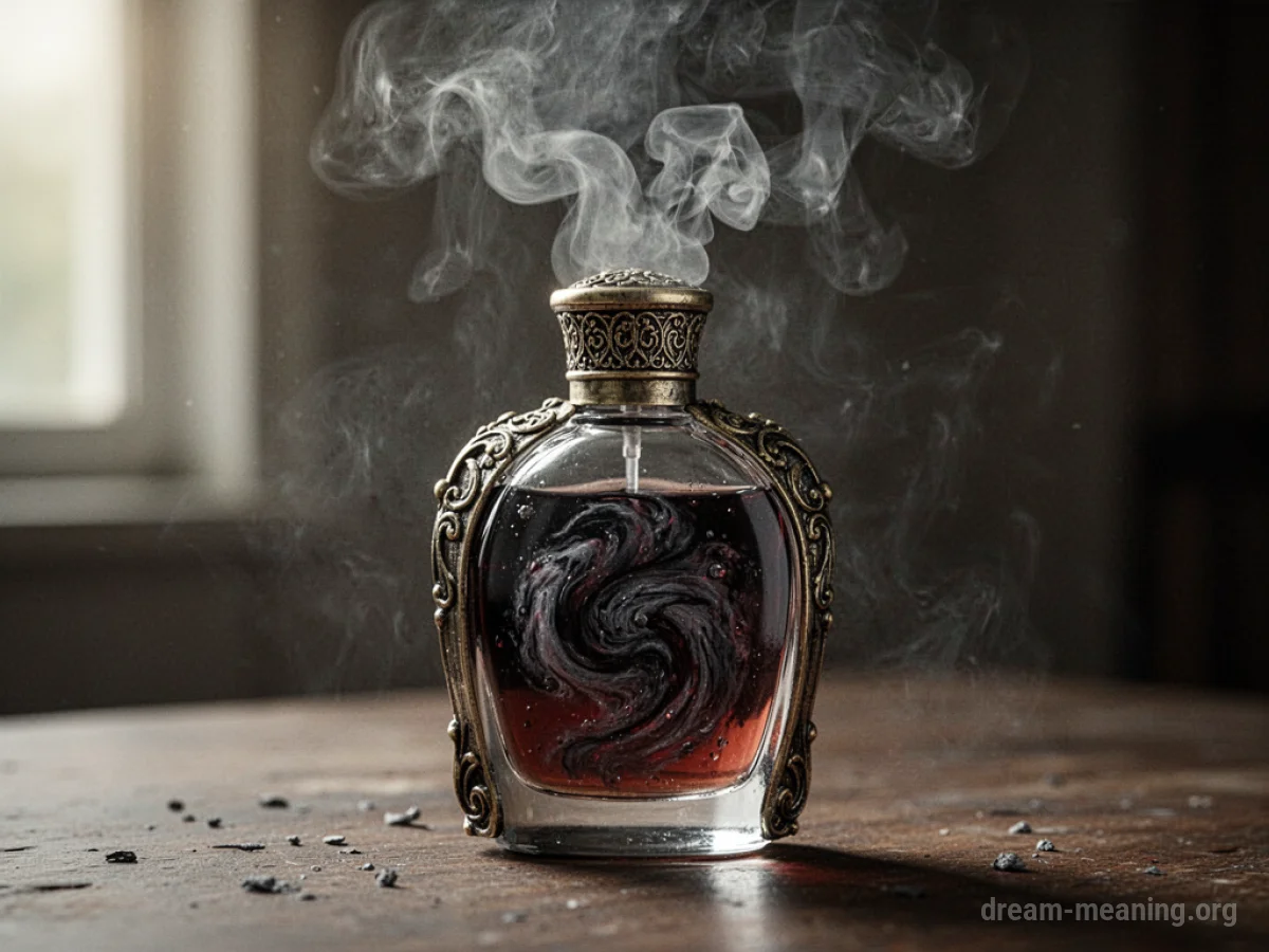 An antique perfume bottle with dark liquid and grey smoke emanating from it.