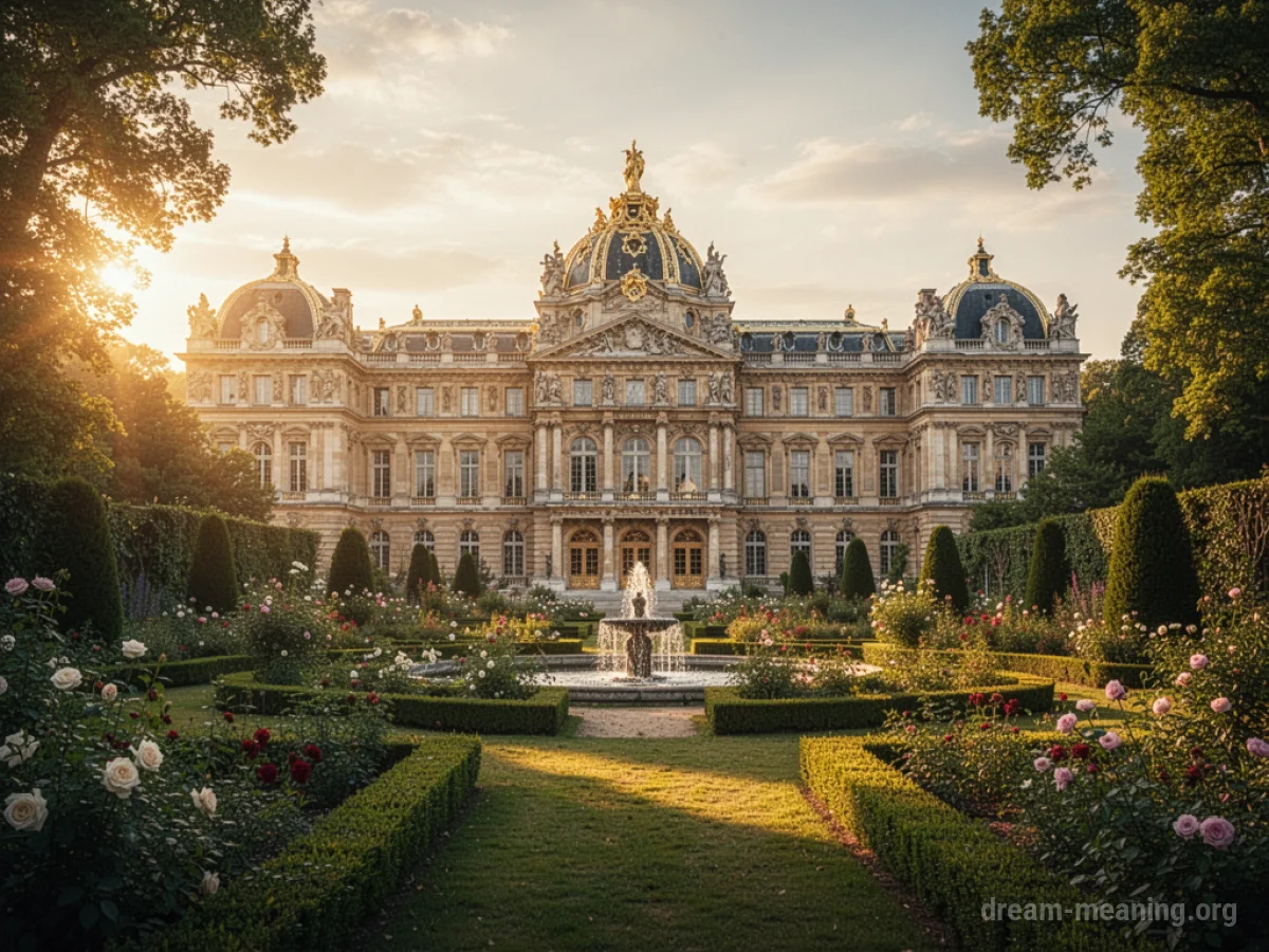 An ornate, grand palace under a bright sky.