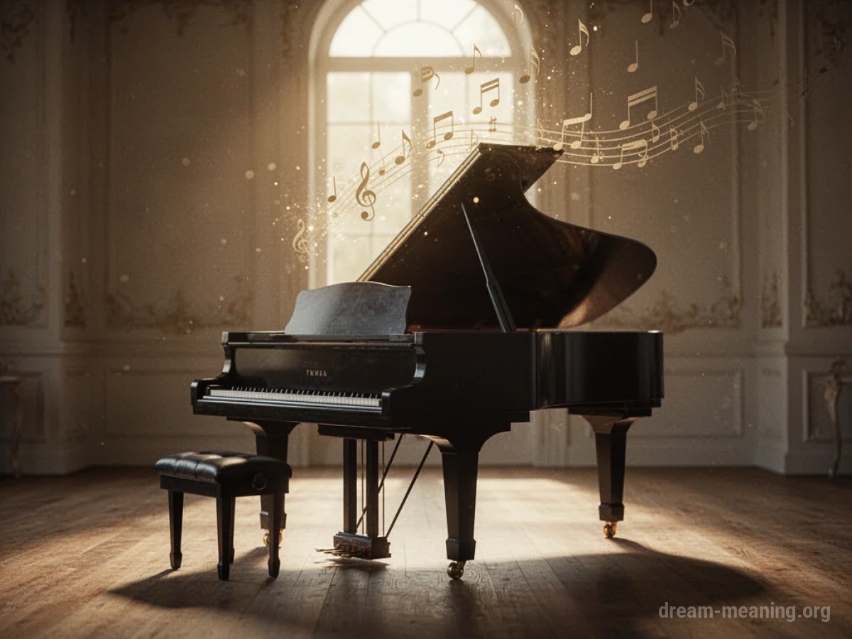 An ornate grand piano in a softly lit room.