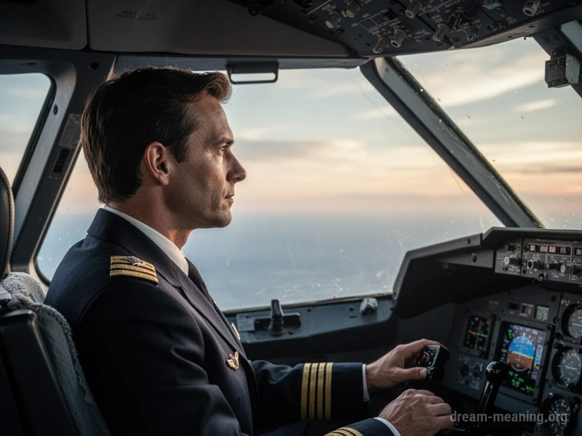 Person in pilot uniform looking out cockpit window at sky.