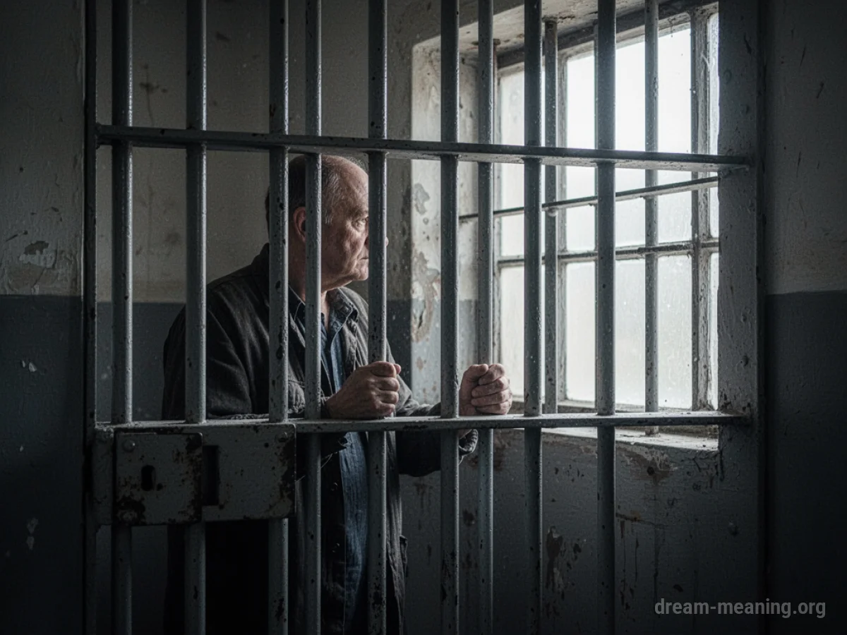 A person seen through prison bars.