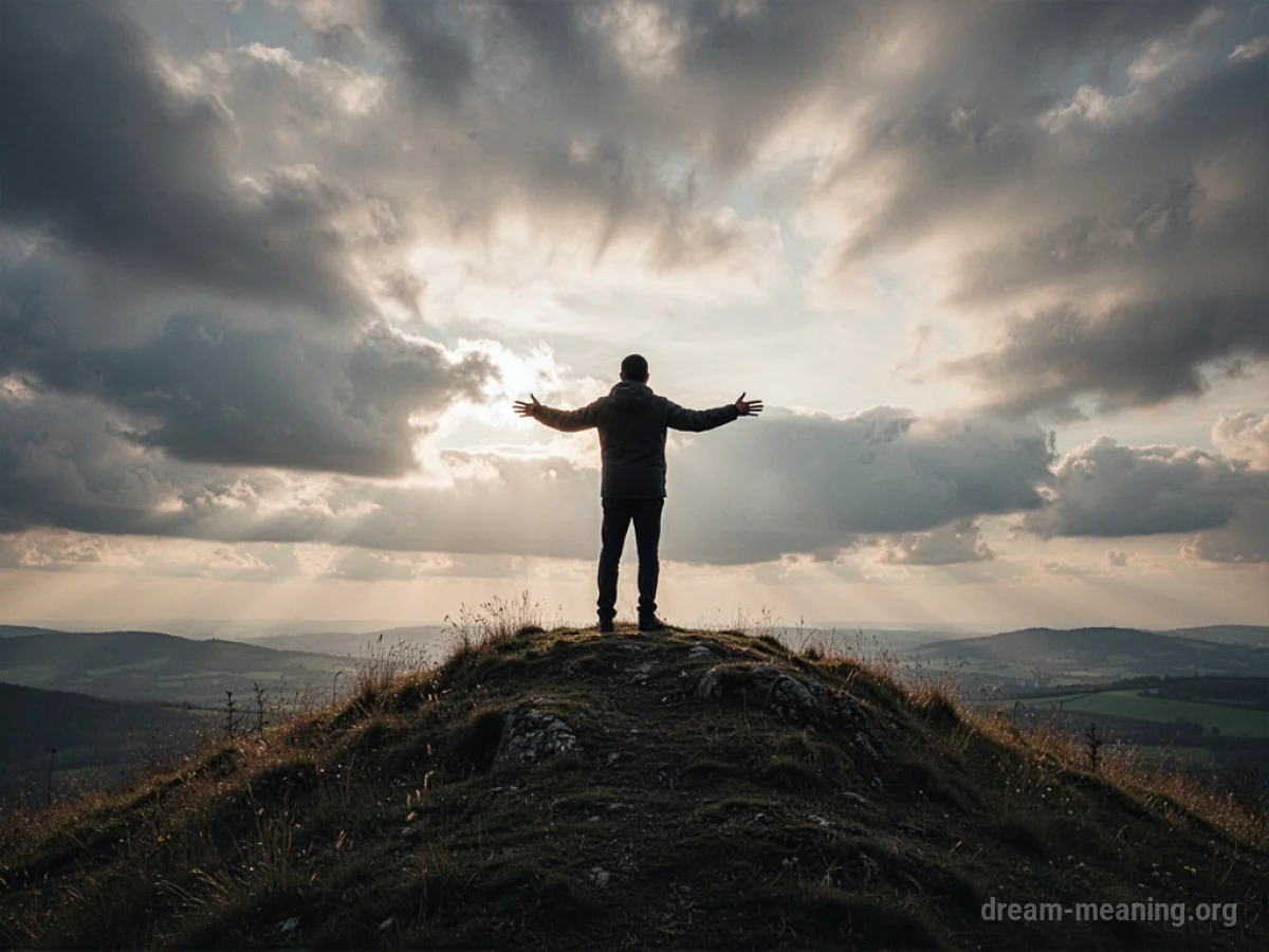 Silhouette of a person on a hill gesturing.
