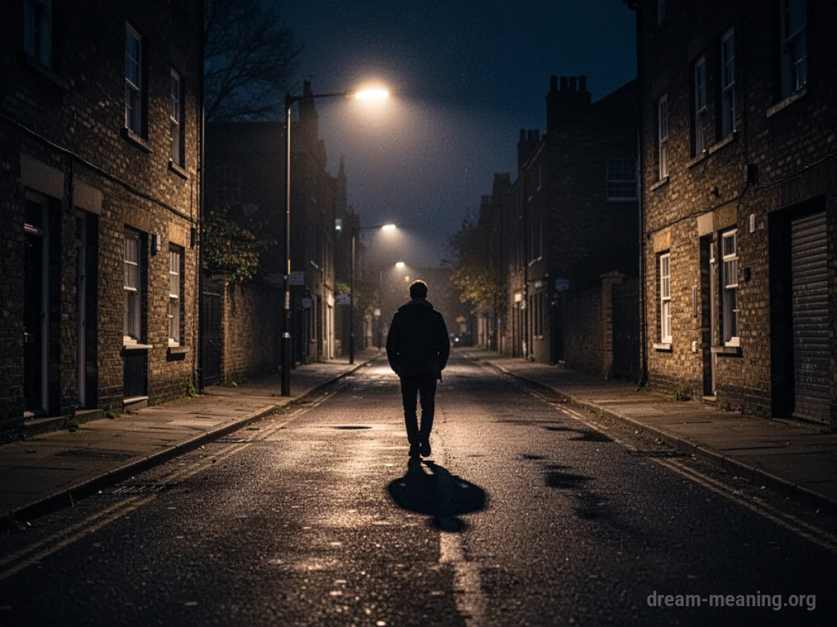 Silhouette of a person walking on a dark street under a single streetlight.