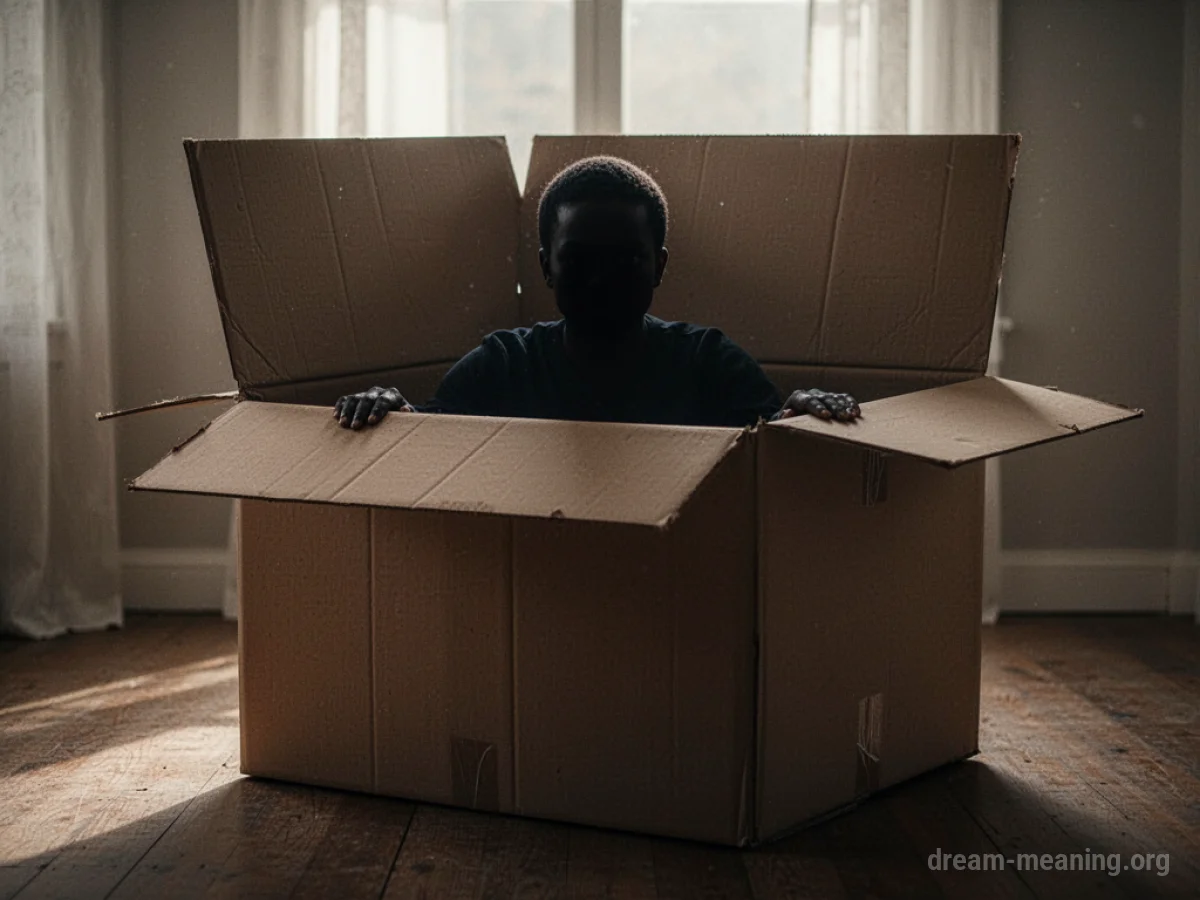 Silhouette of a person standing inside a plain cardboard box.