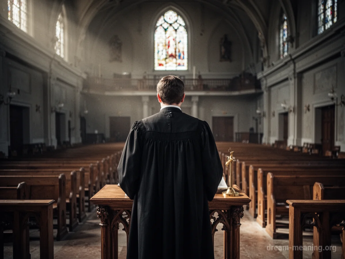 A figure in religious attire stands before an empty church.