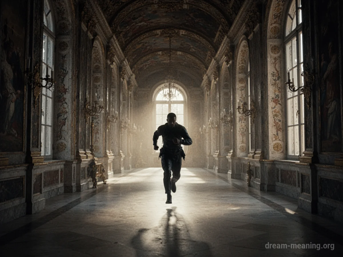 A silhouette of a person running down a grand hallway within a large building.