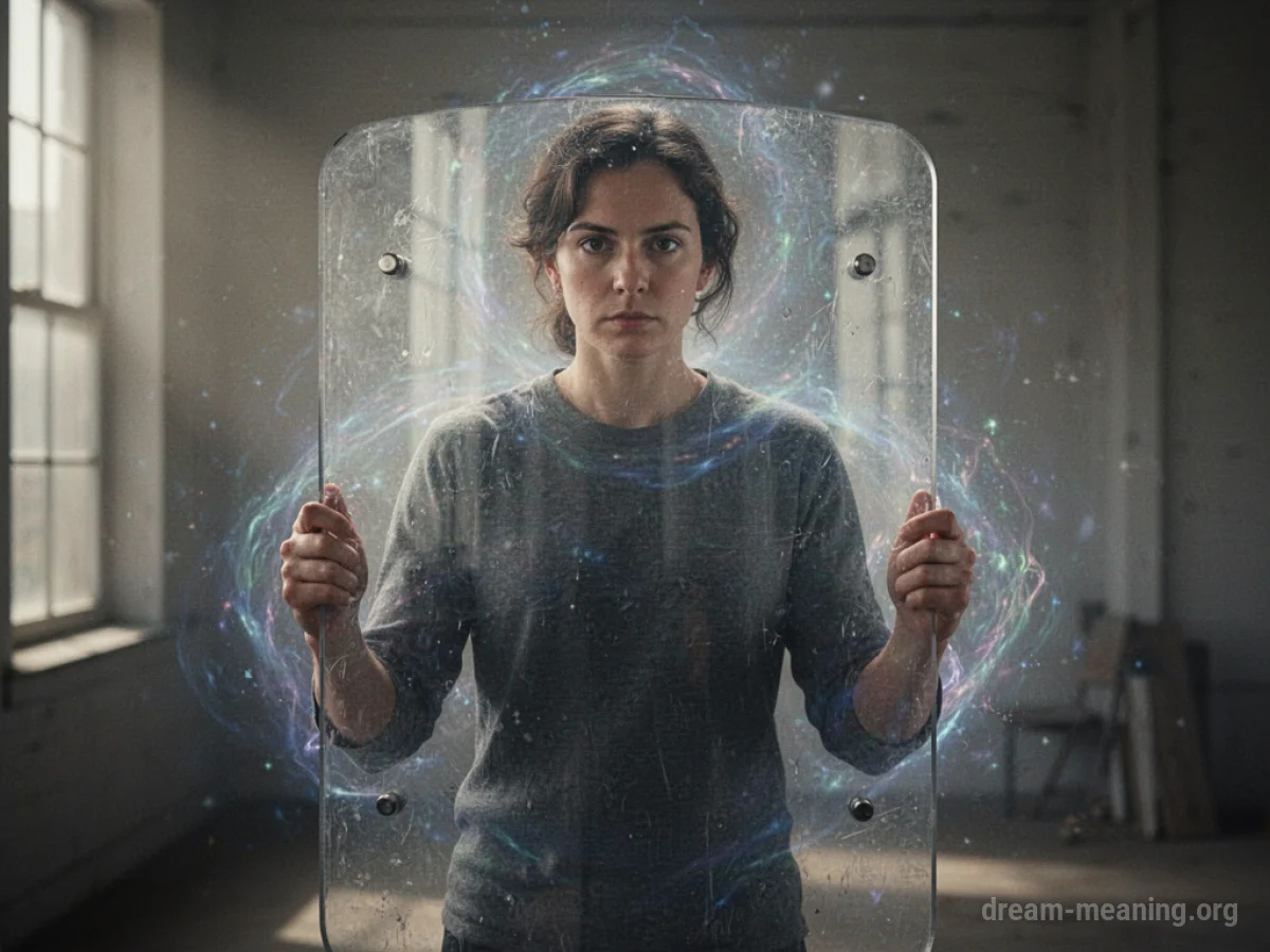 A person standing behind a see-through barrier.