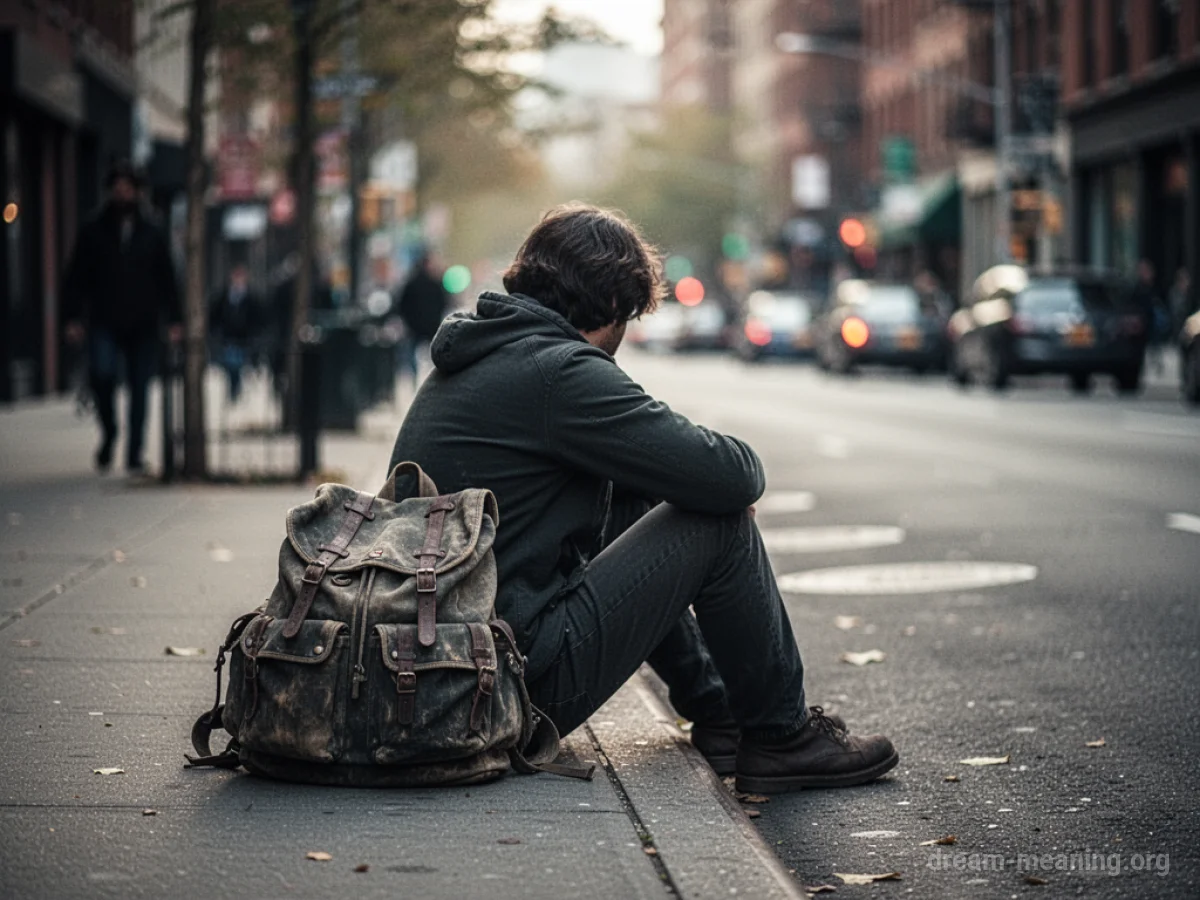 A person sits alone on a sidewalk with a backpack.