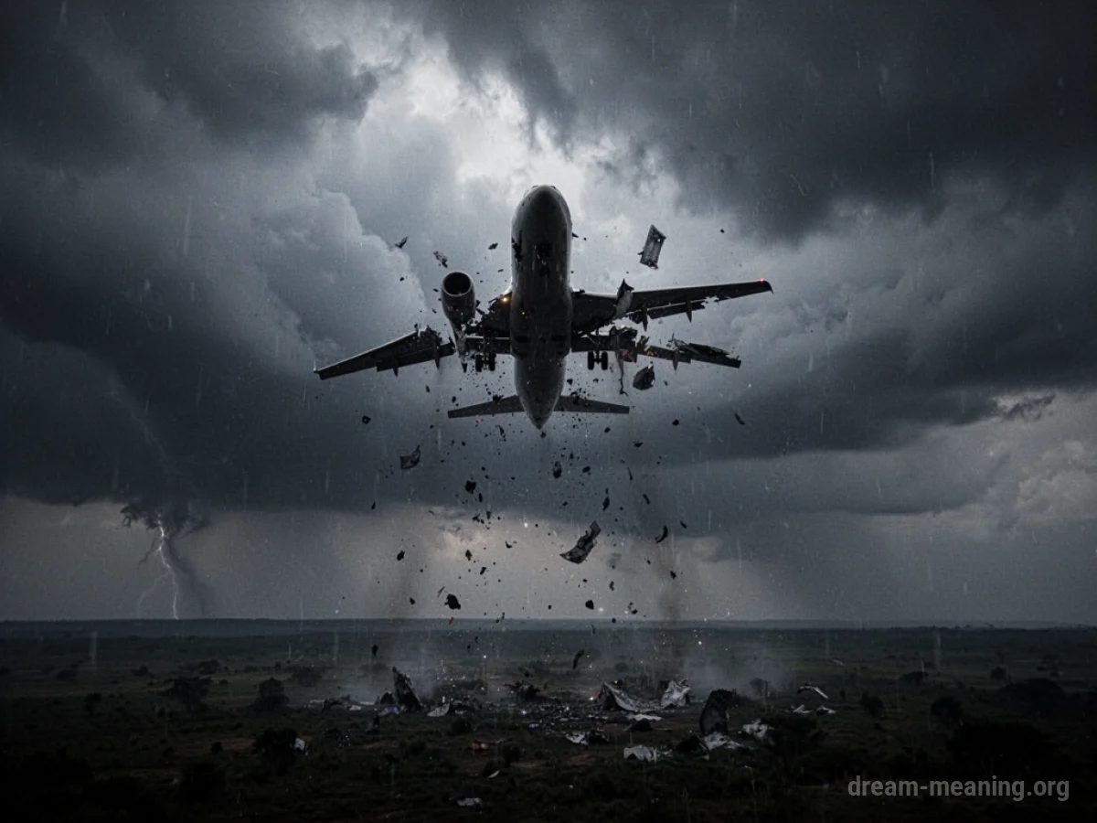 Silhouette of a plane breaking apart in a dark, cloudy sky.
