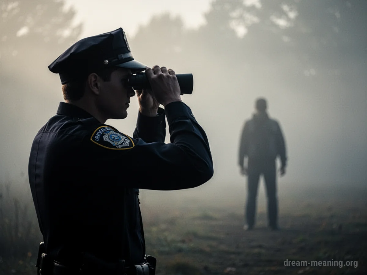 Silhouette of a police officer looking through binoculars.