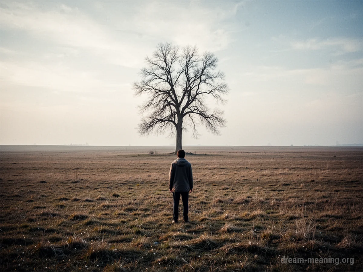 A solitary person stands in a barren landscape facing a distant, solitary tree.