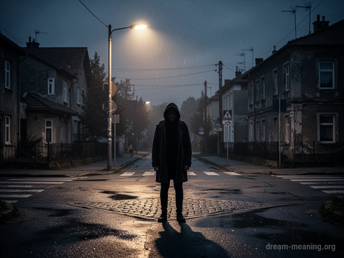 A silhouette of a person standing at a dimly lit intersection.