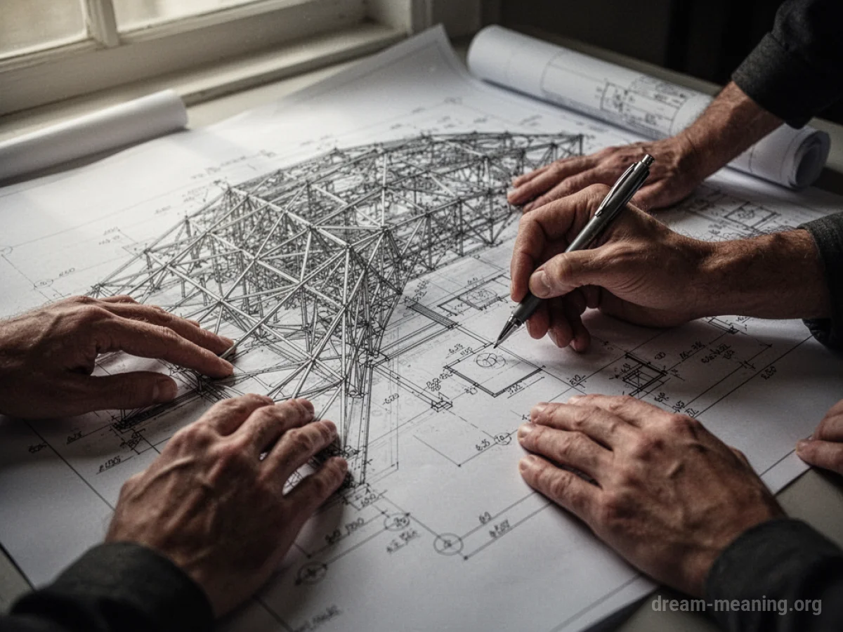A close-up of a hand drawing a detailed blueprint.