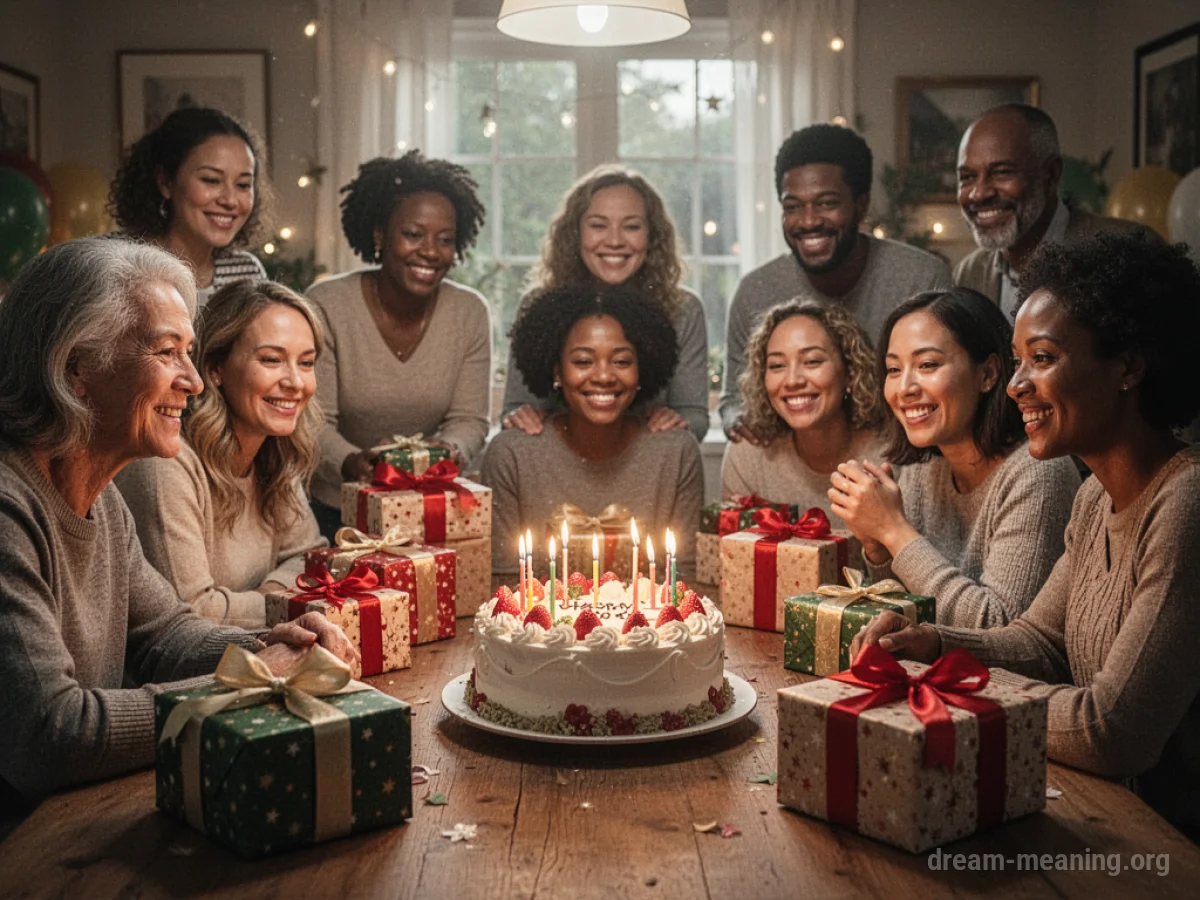 A celebratory gathering with people around a table, cake, and gifts.