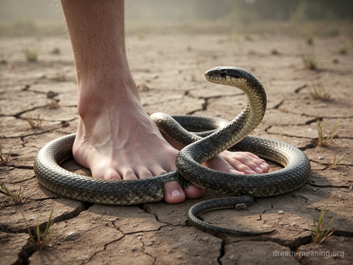 A coiled snake near a person's foot on dry ground.