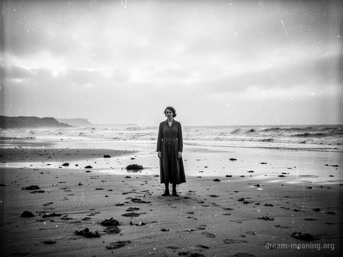 A vintage black and white photograph showing a single person on an empty beach.