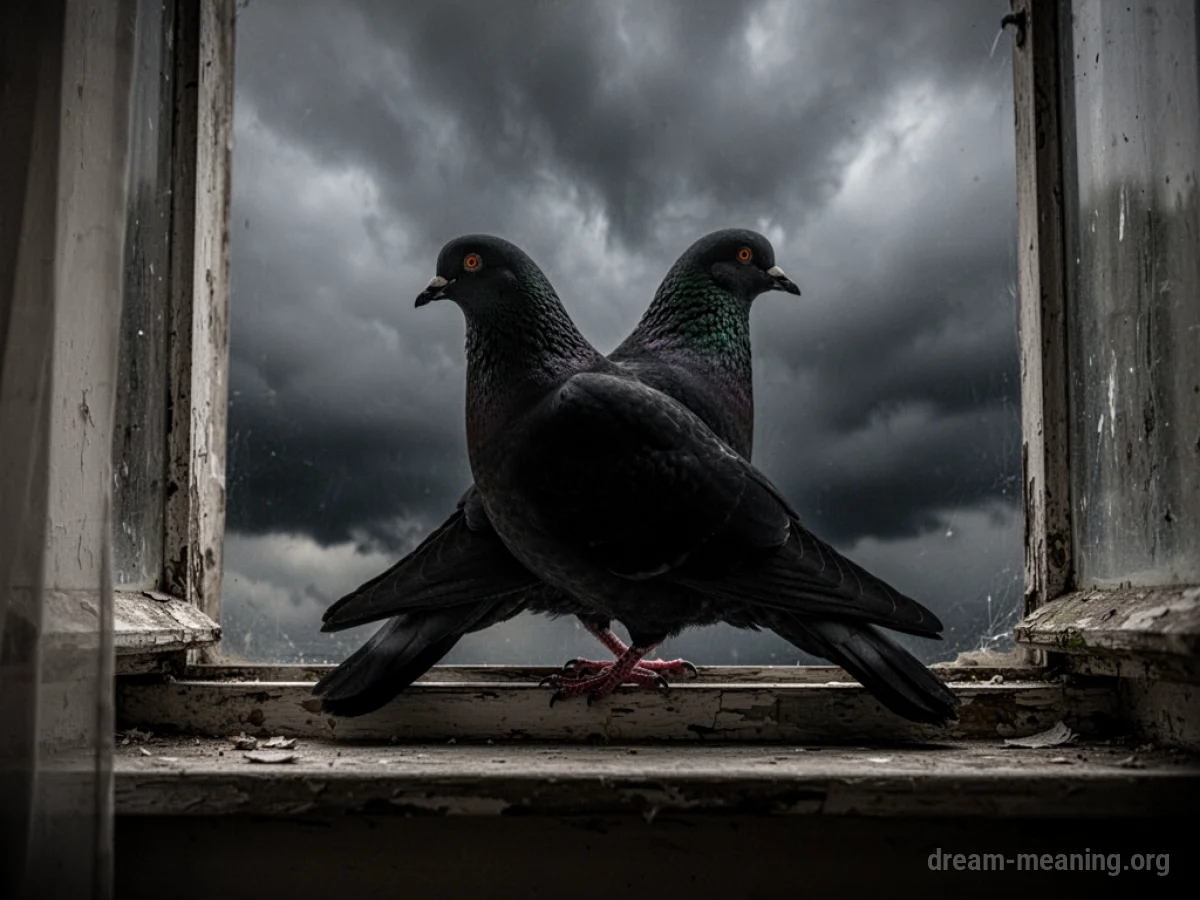 A black pigeon on a windowsill with a dark sky outside.