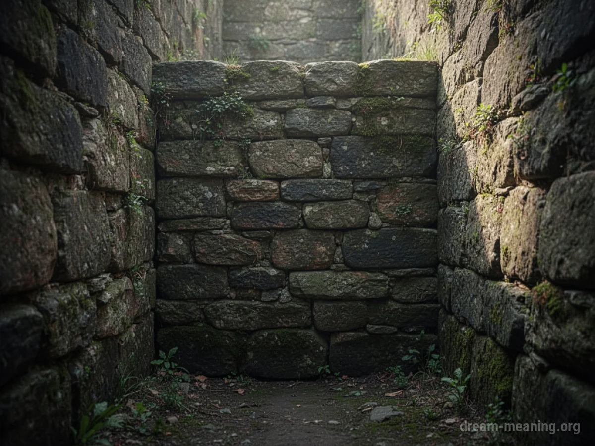 A stone wall completely obstructing a dark corridor.