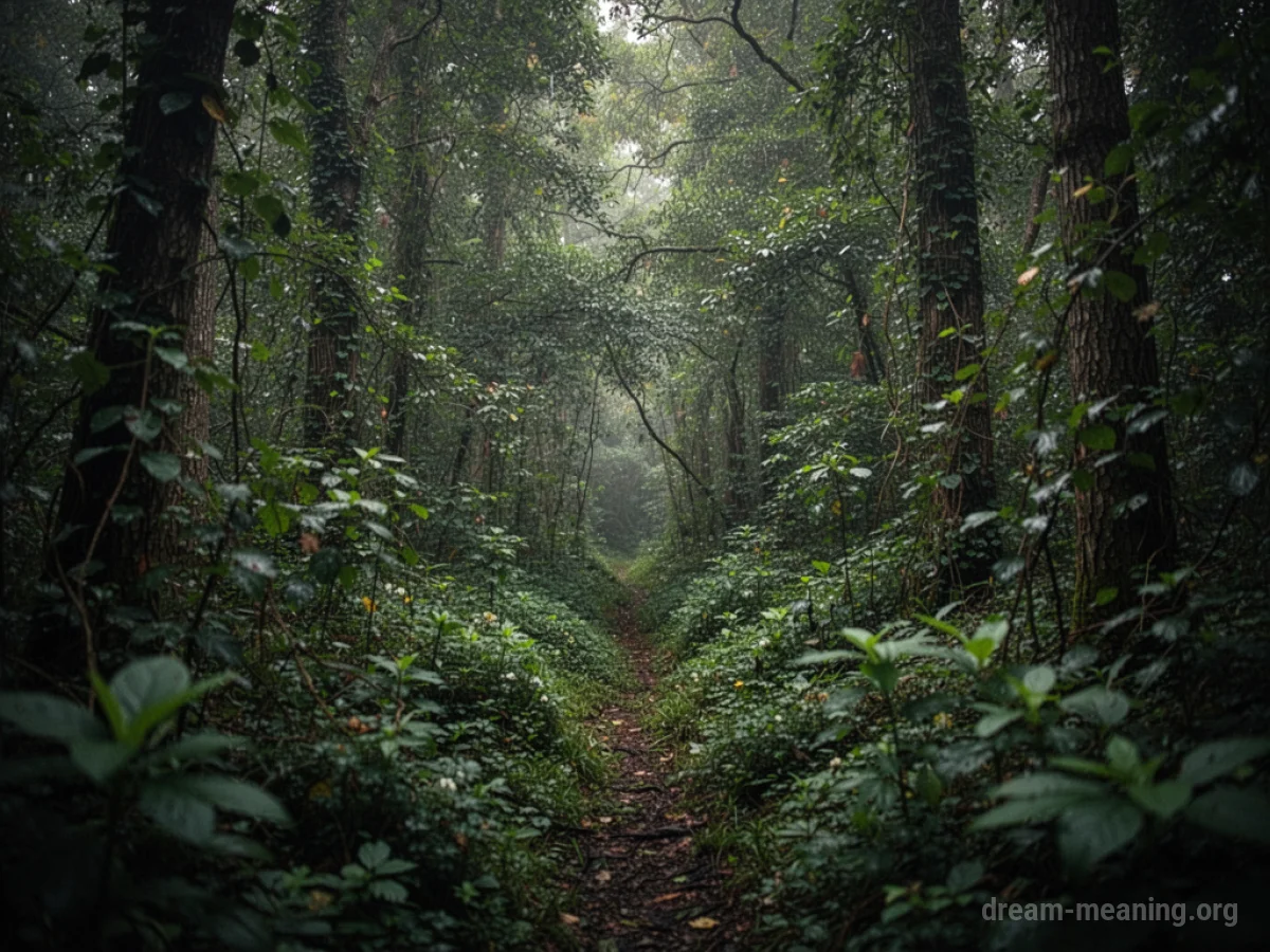 A dense forest with an obscured path.