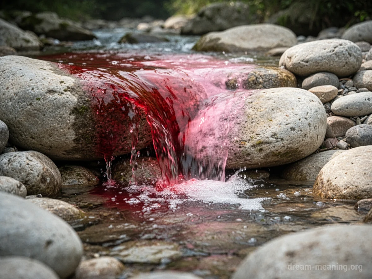 Liquid flowing and changing color from red to pink over stones.