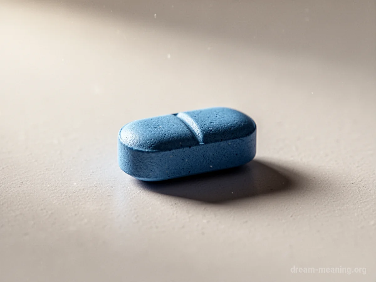 A single blue pill on a flat surface.