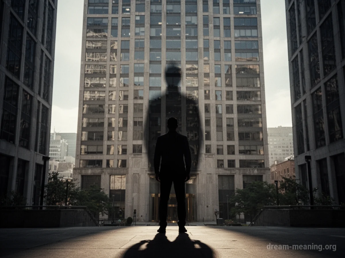 Silhouette of a person facing a large building with a shadow cast over them.