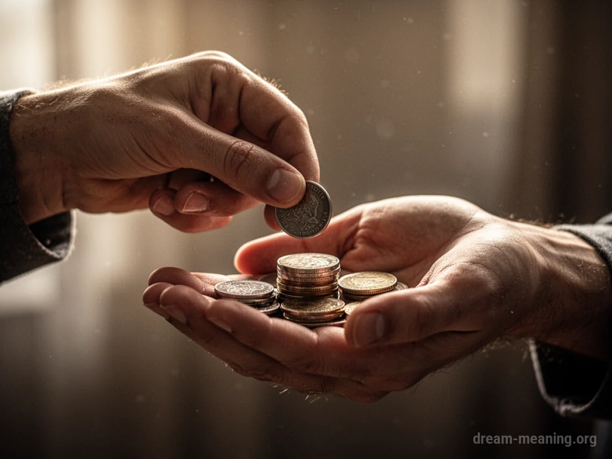 A hand giving coins to another hand.