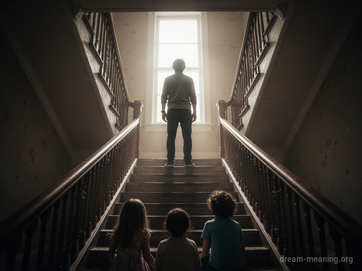 Silhouette of a person ascending a staircase towards a bright light.