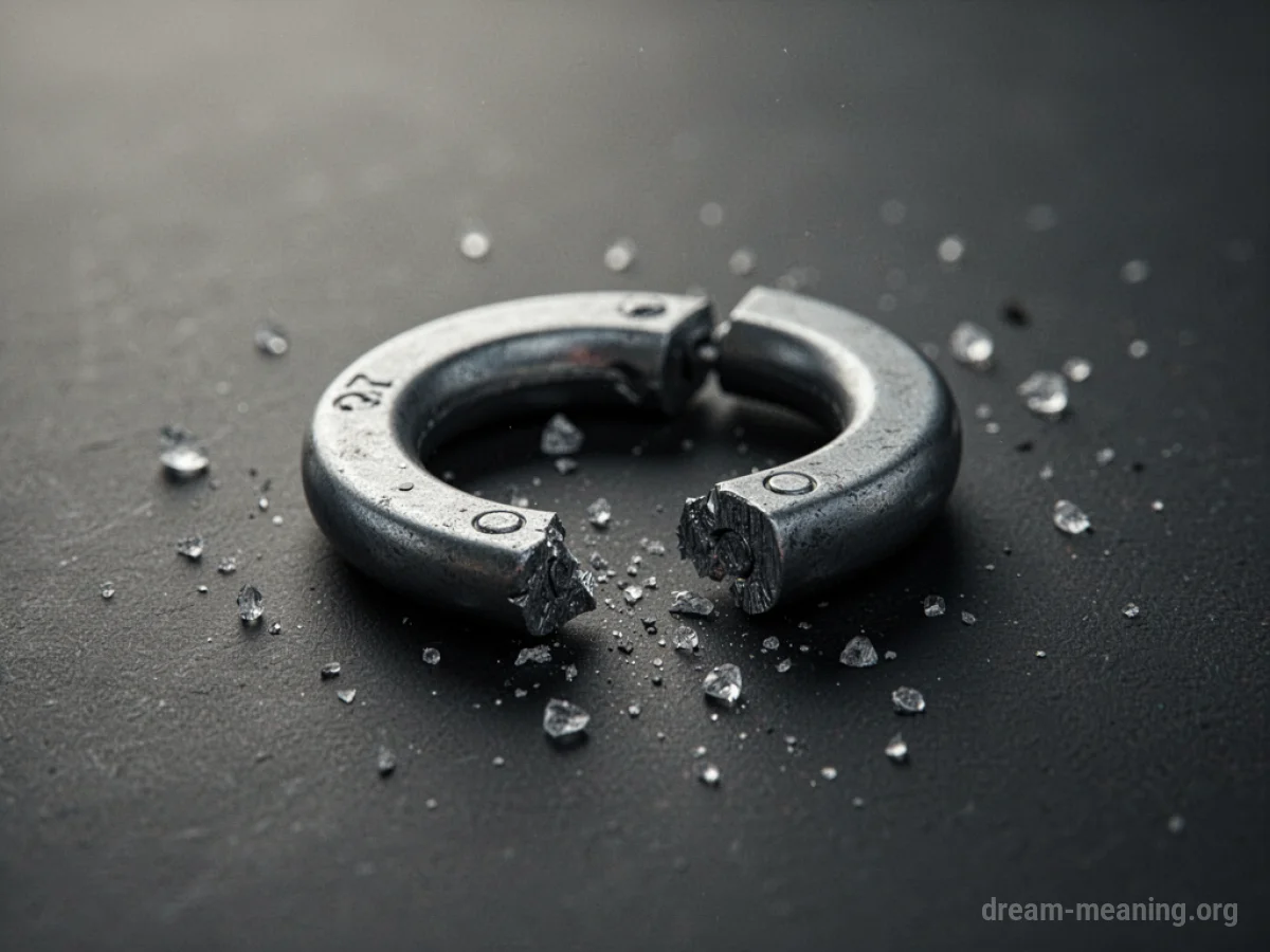 A close-up of a single, fractured metal chain link.