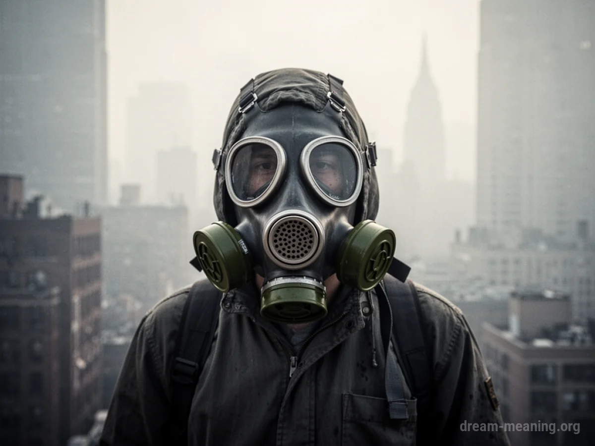 A person in a gas mask amidst hazy city smog.