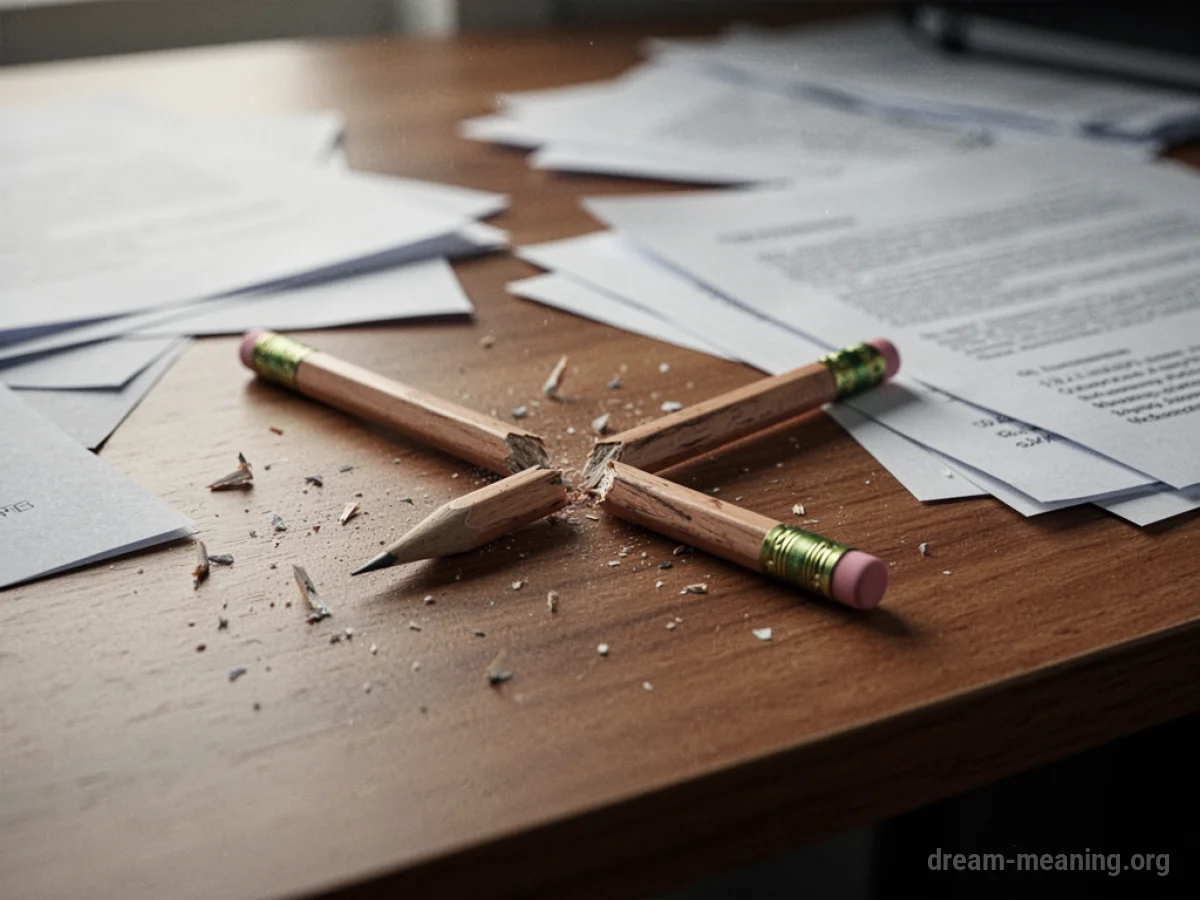 A pencil snapped in half on a desk.