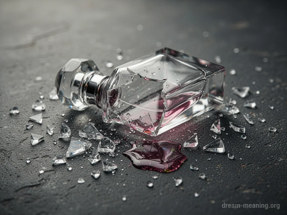 A broken glass perfume bottle with liquid spilled around it.