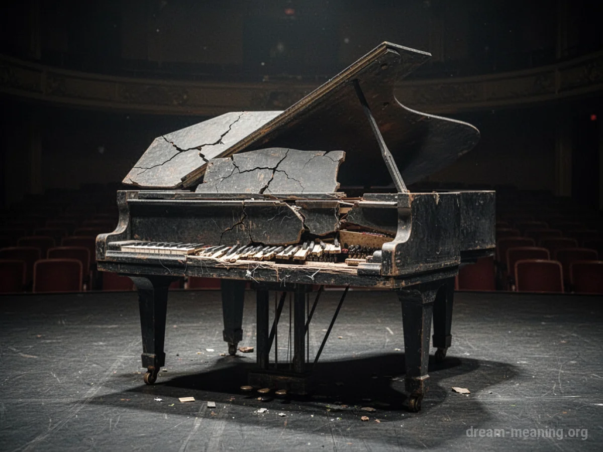 A cracked piano with missing keys on a stage.