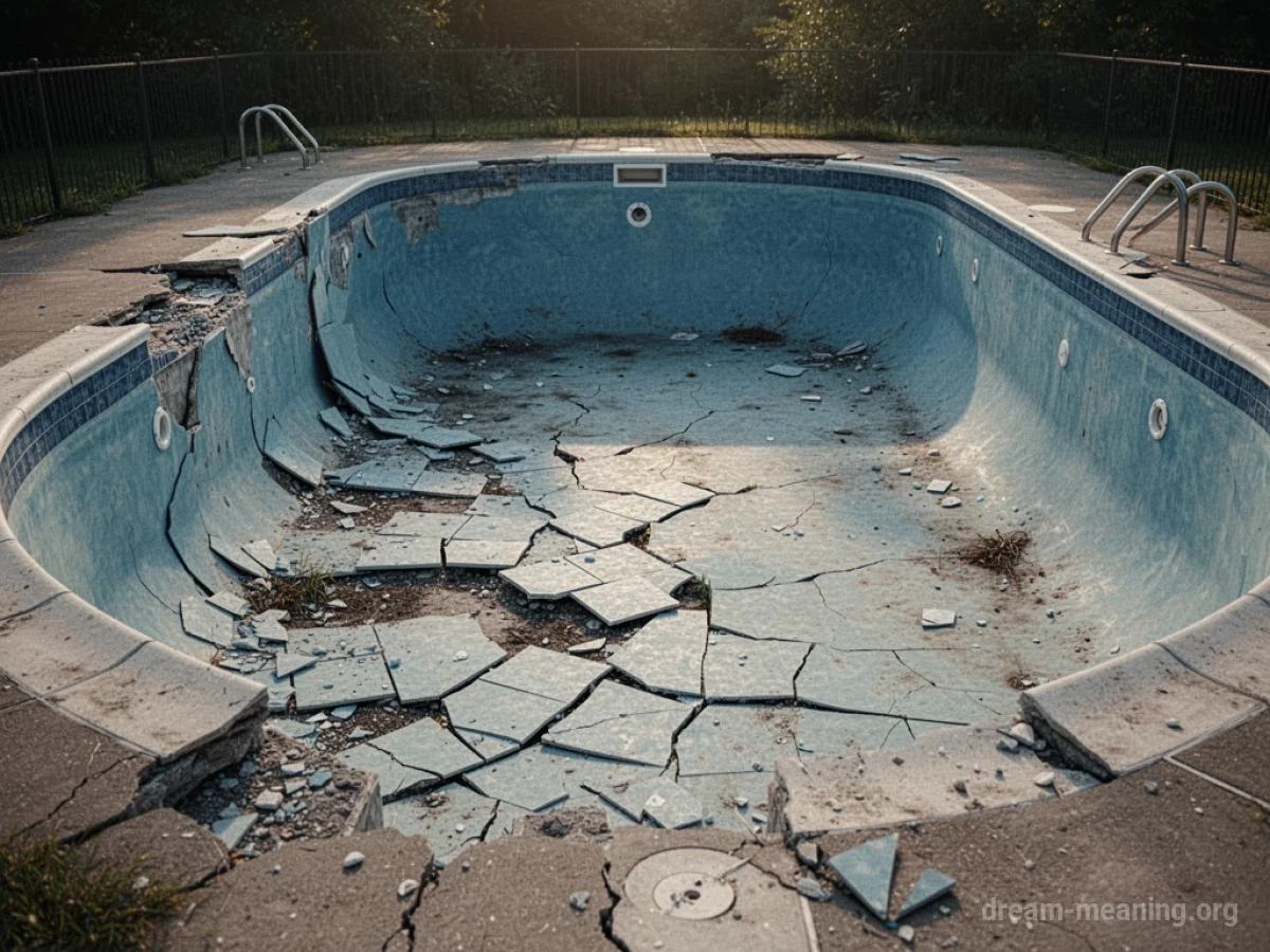 A swimming pool with significant cracks in the basin and surrounding concrete.