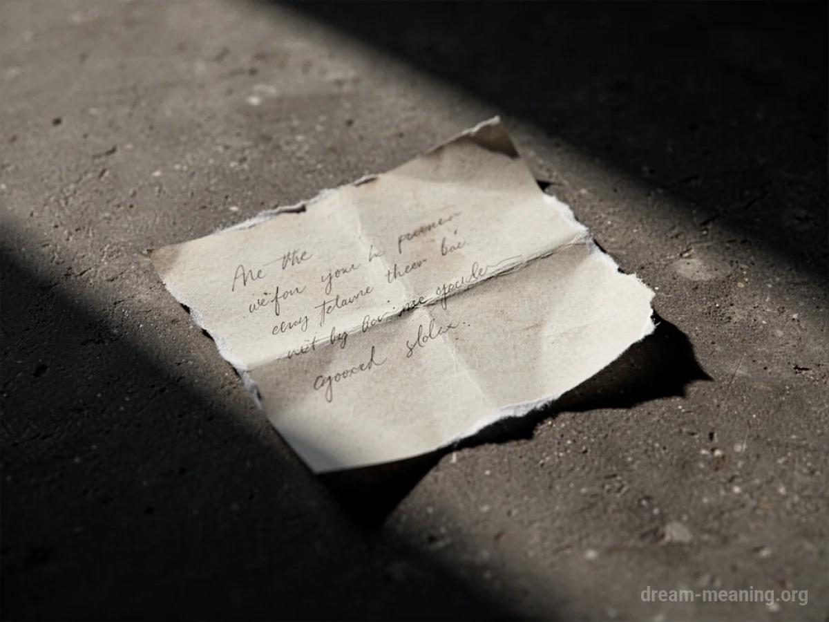 A torn piece of paper with writing on a dark surface.