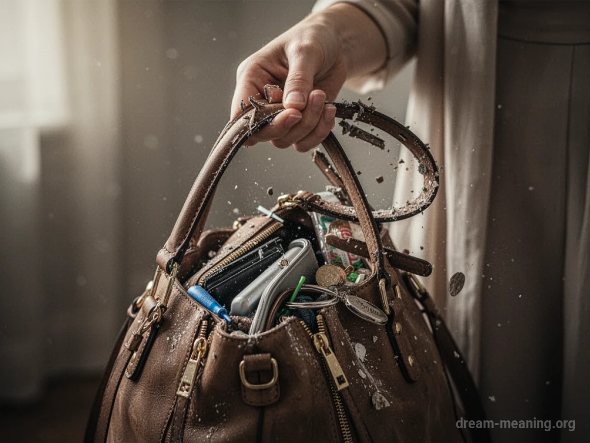 A hand holding a purse with a broken strap.