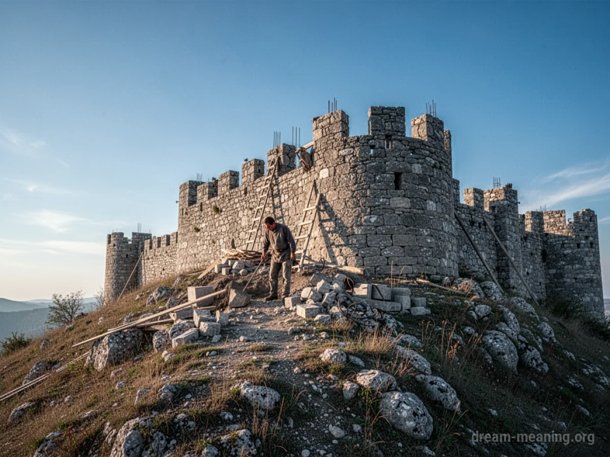 A person laying stones to build a large fortress.