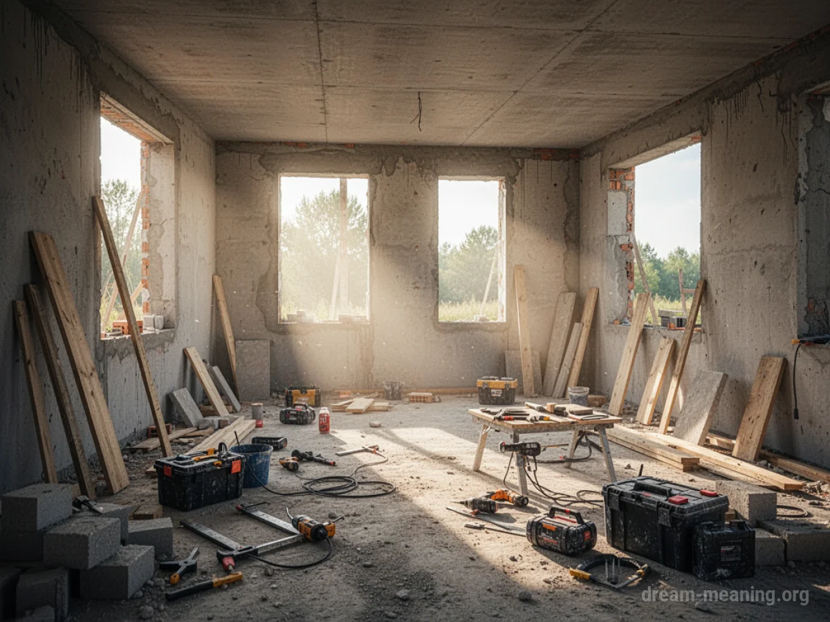 A house under construction with visible framing and scattered building supplies.