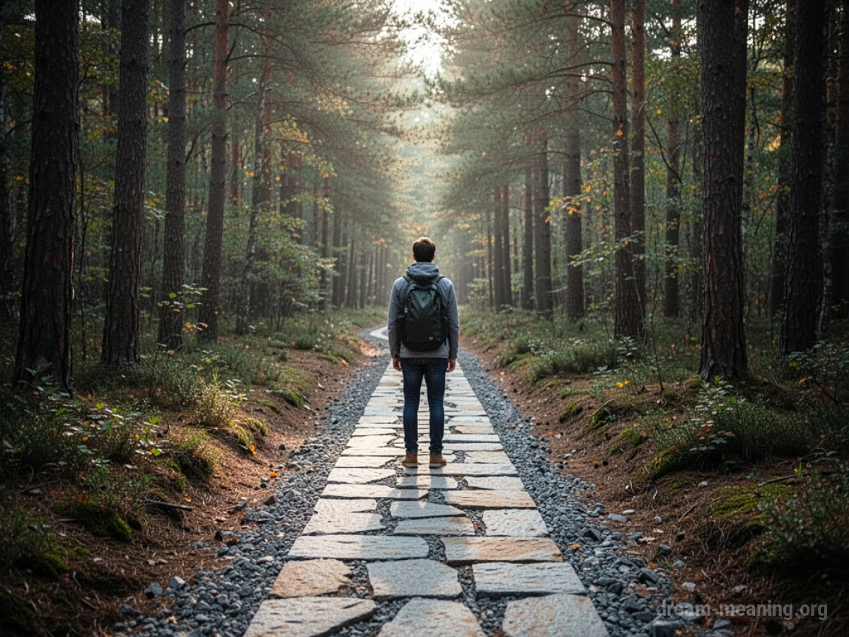 A person stands before a new stone path entering a wooded area.