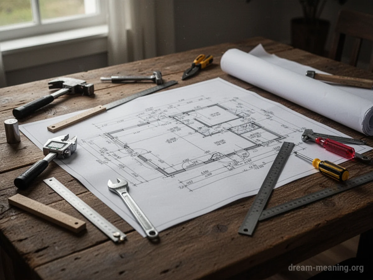 Architectural blueprints and tools on a table.