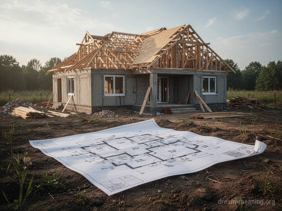 A blueprint for a house laid out on a plot of land with the beginnings of a building structure.