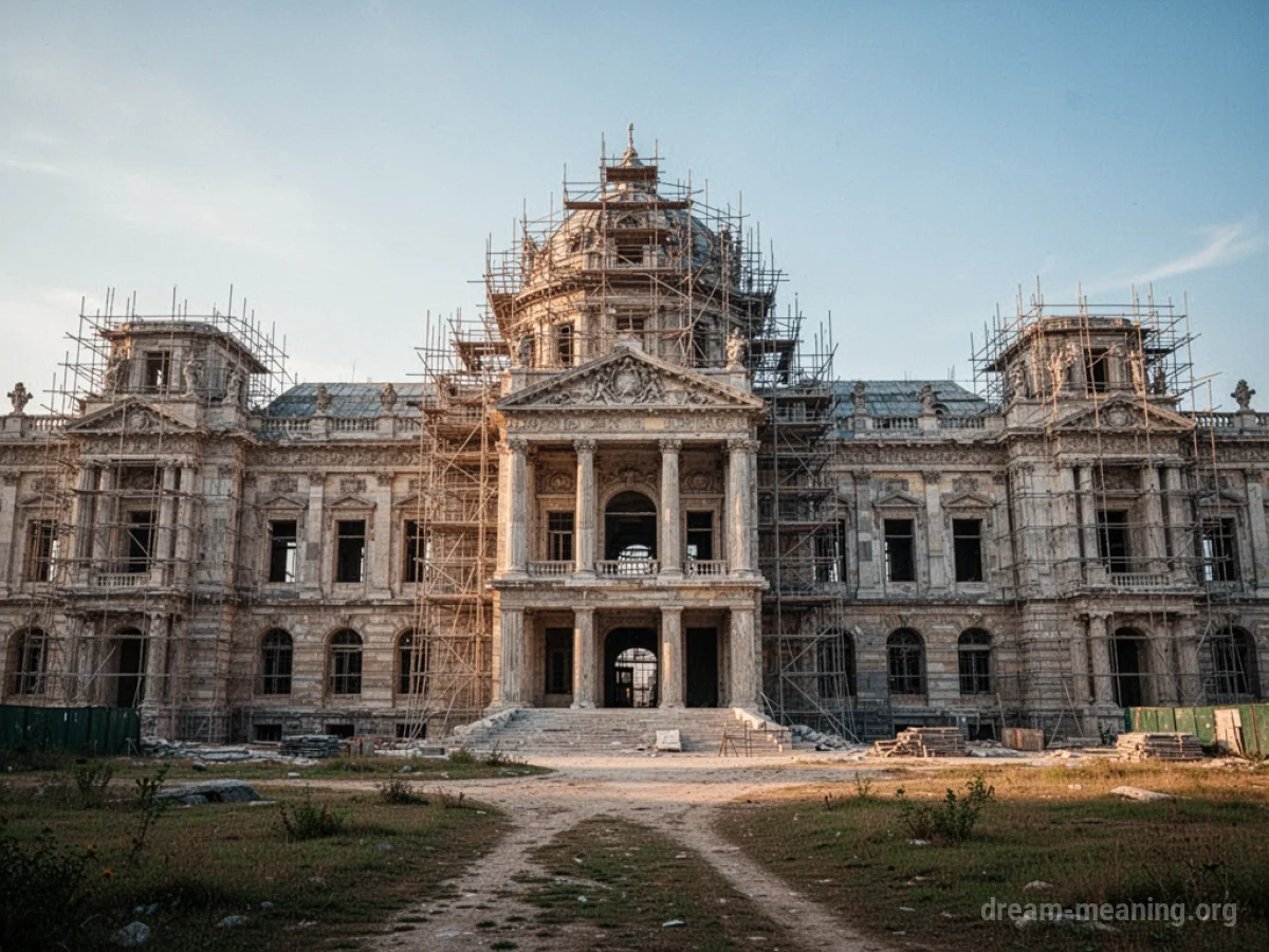 A large, ornate building under construction with scaffolding.