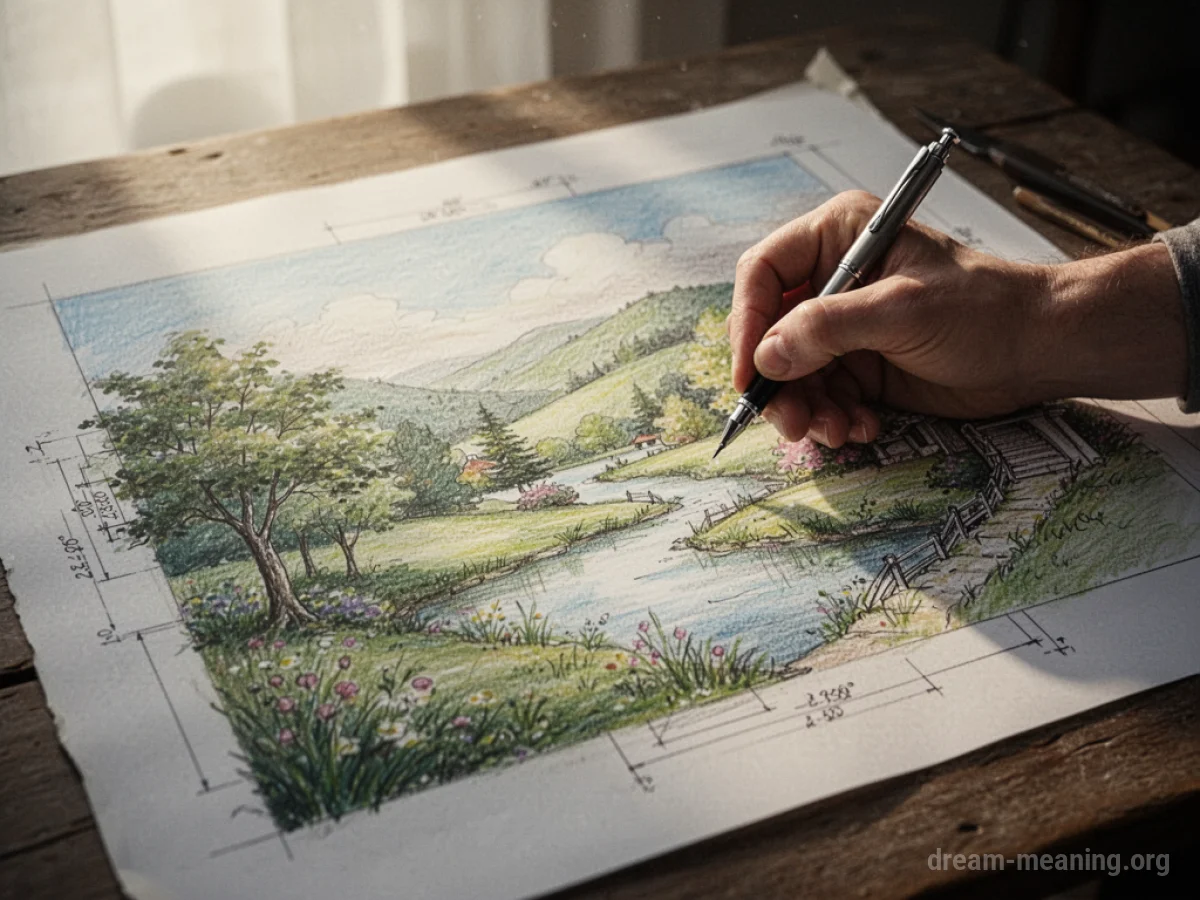 A hand drawing lines on a blueprint of a landscape.