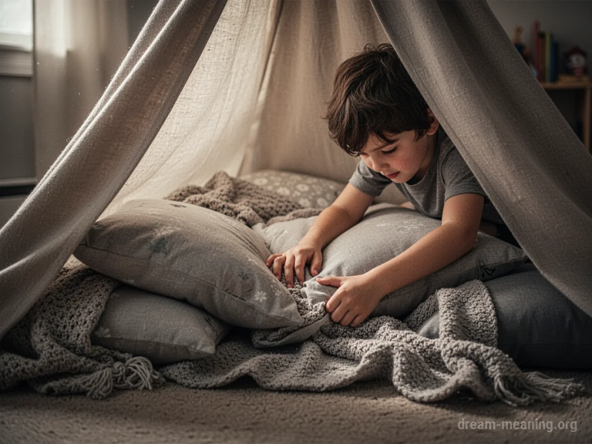 Hands arranging pillows and blankets to make a fort.