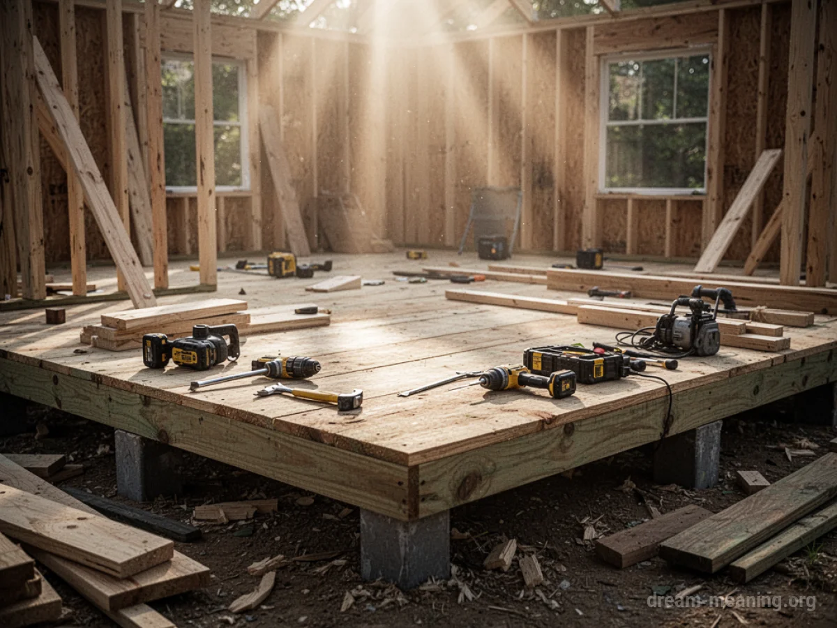 An unfinished wooden platform with construction supplies.